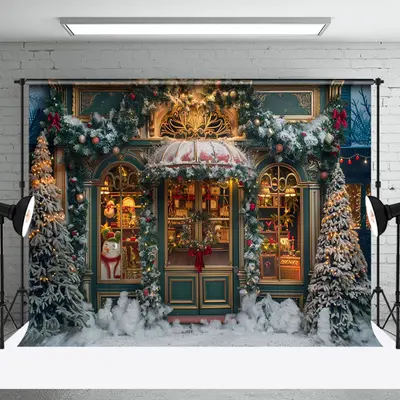 Green Gold Store Door Snow Trees Christmas Backdrop