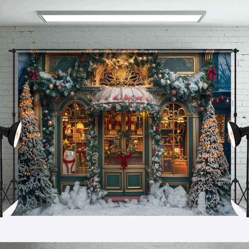 Green Gold Store Door Snow Trees Christmas Backdrop