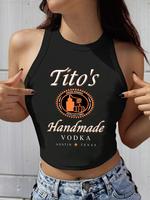 Women's Letter & Tito's Print Round Neck Tank Top, Casual Sleeveless Graphic Top for Daily Wear, Ladies Clothes for All Seaso...