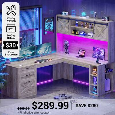 SEDETA | 67 Inch Farmhouse Computer Desk L Shaped Home Office Executive Desks with LED Lights Drawers Sliding Doors Hutch Sto...