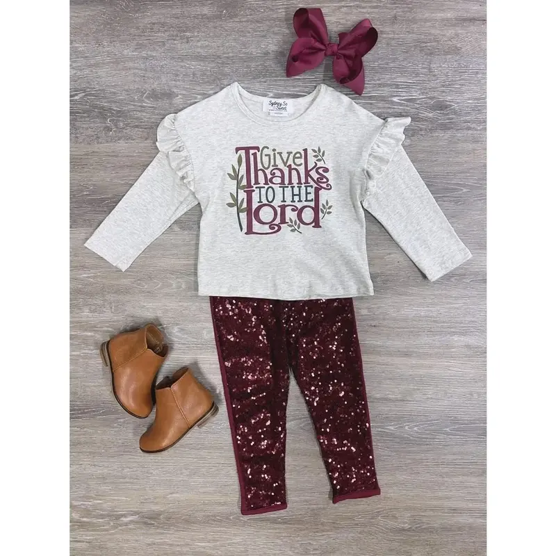 Give Thanks To The Lord Burgundy Sequin Leggings and Ruffle Detail Top Girls or Toddler 2 Piece Set Outfit