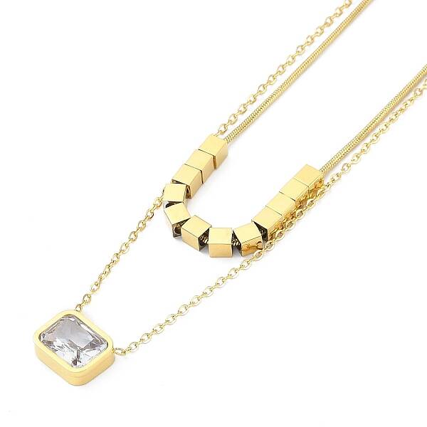 Ion Plating(IP) Golden Tone 304 Stainless Steel Pave Cubic Zirconia Rectangle Pendant Necklaces for Women