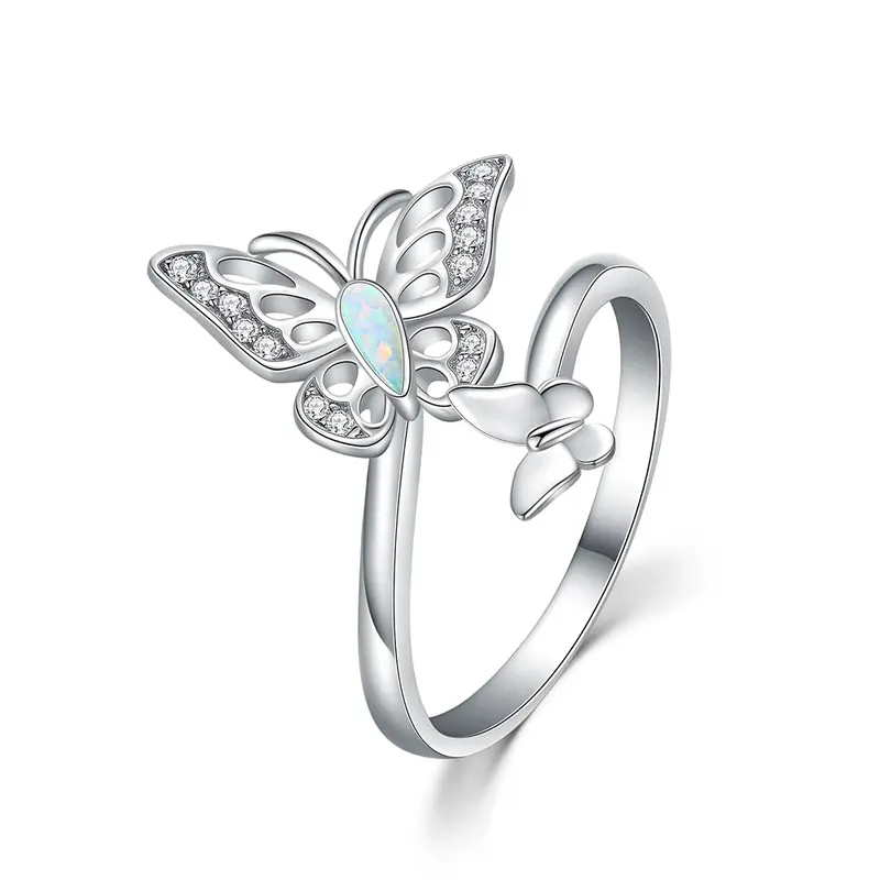 Sterling Silver Opal Butterfly Open Ring