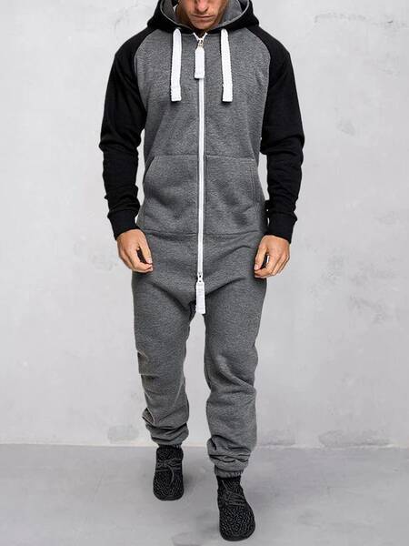 Hooded Fleece Solid Color Jumpsuit, Grey/White / 4XL
