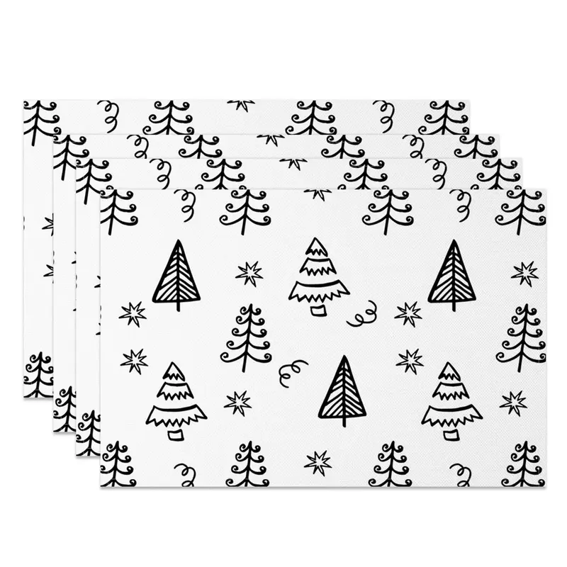Aperturee Black White Lines Christmas Tree Set Of 4 Placemats, 14x12 Inch, 15.8 USD, NYWH00411-S, placemats