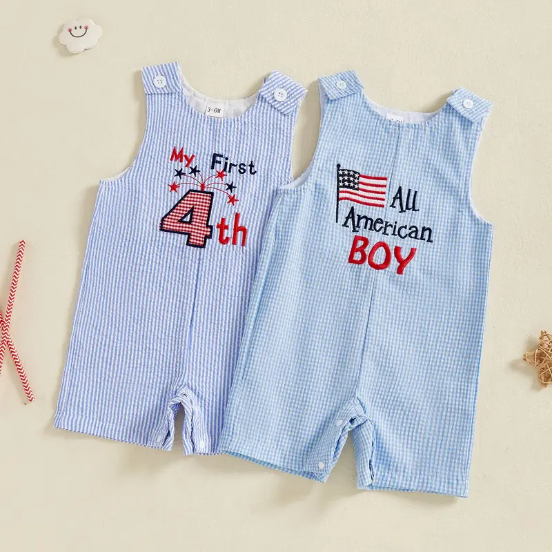 4th of July Baby Outfit Newborn Boy Girl Romper Overalls American Flag&Letter Striped Sleeveless Jumpsuit Bodysuit Cute Summe...