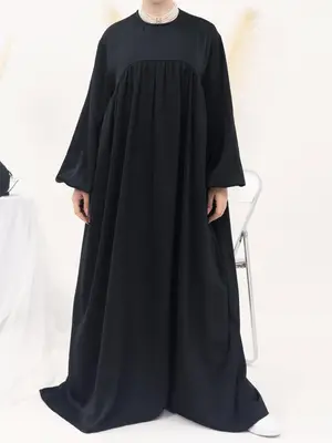 Women's Plain Round Neck Long Sleeve Abaya, Elegant Bishop Sleeve Long Satin Dress for Women, Ladies Clothes for Spring & Fal...