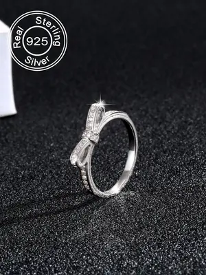 925 Sterling Silver Rhinestone Decorated Bow Design Ring, Fashionable Ring for Women & Girls, Trendy All-match & Exquisite Je...