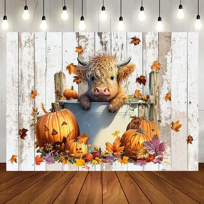 Retro Wooden Pumpkin Autumn Cow Baby Shower Backdrop