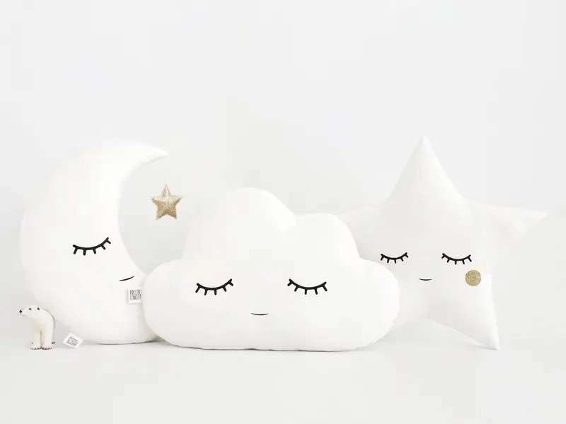 Set of 3 White Pillows - Cloud, Crescent Moon and Star Pillows with Golden Touch