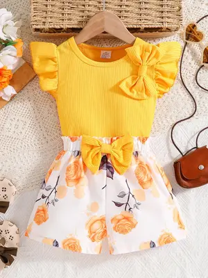 Toddler Girl's Plain Butterfly Sleeve Top & Floral Print Bow Decor Shorts Two-piece Set, Cute Casual Crew Neck Top & Shorts O...