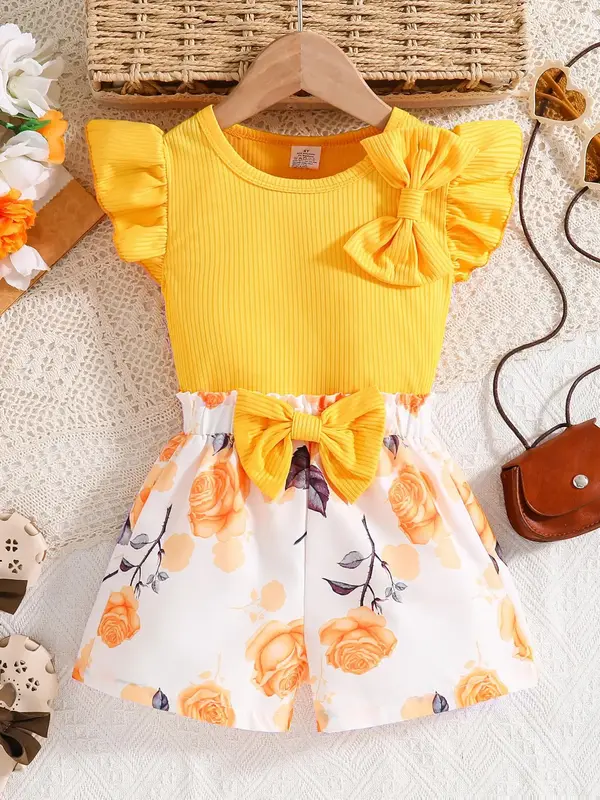 Toddler Girl's Plain Butterfly Sleeve Top & Floral Print Bow Decor Shorts Two-piece Set, Cute Casual Crew Neck Top & Shorts O...