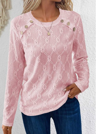Modlily Pink Button Long Sleeve Round Neck T Shirt - L