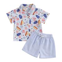 Toddler Baby Boy 4th of July Outfit American Flag Short Sleeve Button Up Shirt Elastic Waist Shorts Set 2Pcs Clothes