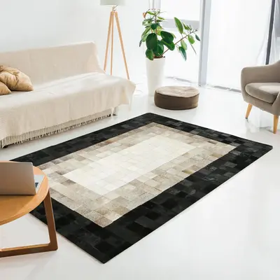 Beige Cowhide Rug with Black Border