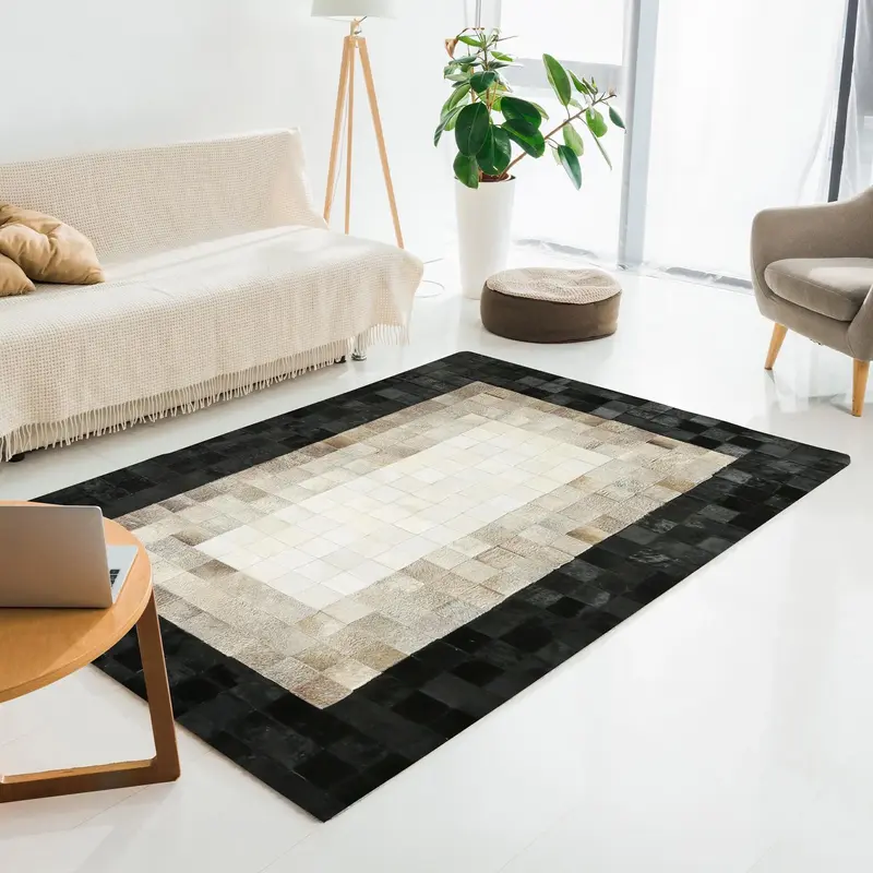 Beige Cowhide Rug with Black Border