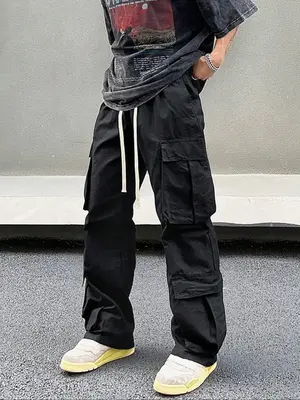 Men's Solid Pocket Drawstring Cargo Pants, Loose Street Straight Leg Trousers, Mens Clothing, Summer Pants, Men's Bottoms for...