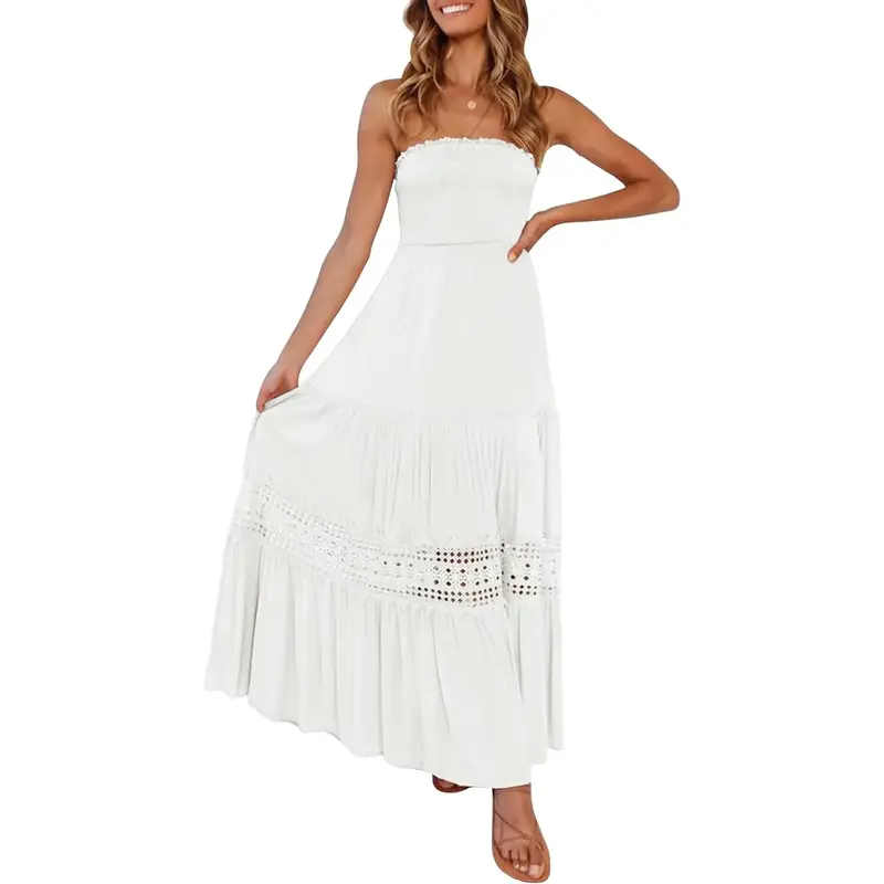 ZESICA Women's 2025 Summer Bohemian Strapless Off Shoulder Lace Trim Backless Flowy A Line Beach Long Maxi Dress Casual Women...