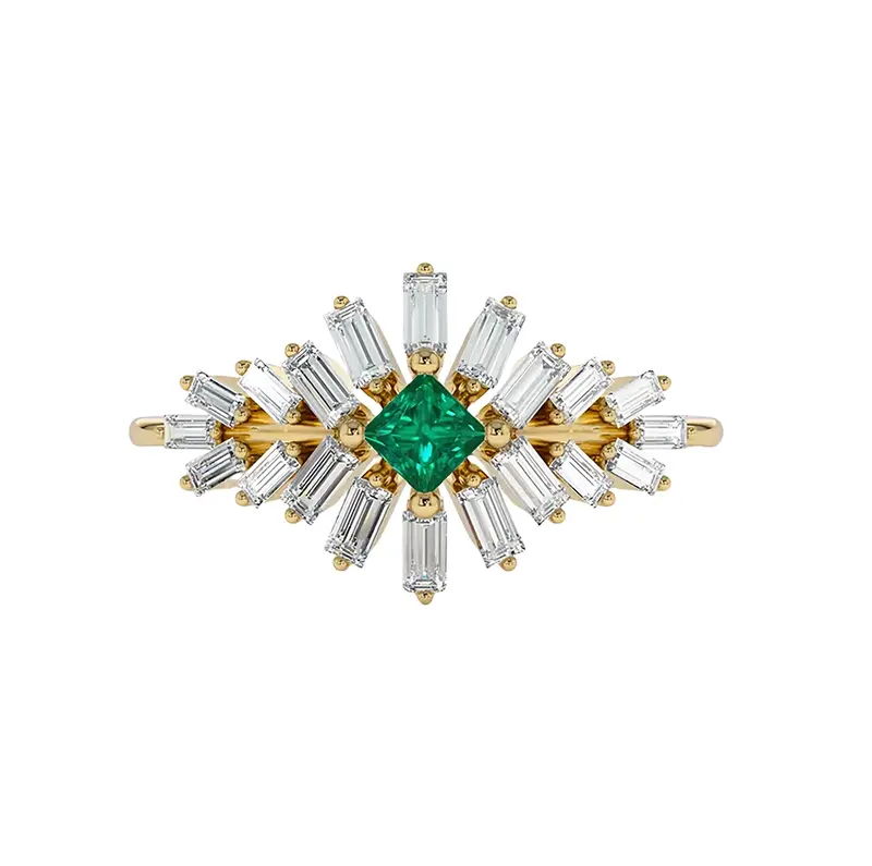 10K Gold Baguette Diamond & Square Emerald Engagement Ring
