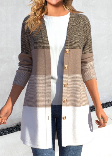 Modlily Light Camel Button Striped Long Sleeve Coat - XXL