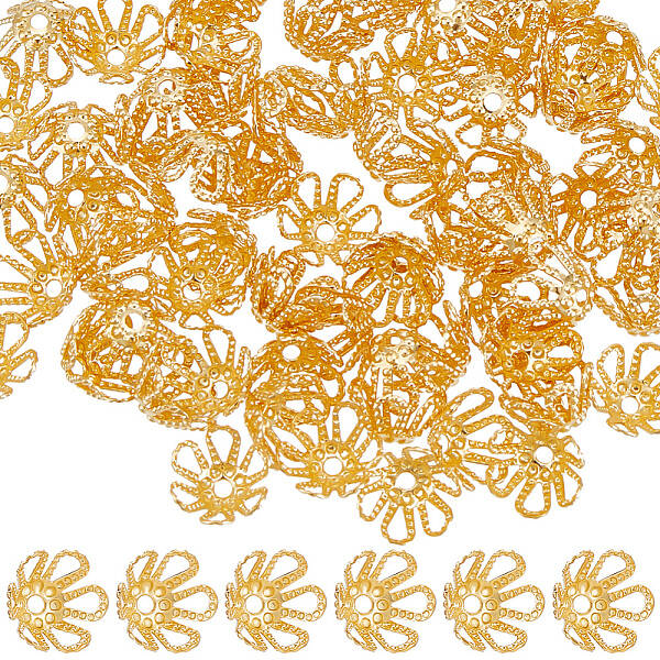 Beebeecraft 1 Box 200Pcs Filigree Bead Caps 18K Gold Plated Brass Hollow Flower Bead End Caps Spacers 6.5mm for Jewellery Mak...