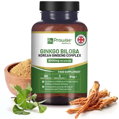 Ginkgo Biloba and Korean Ginseng Tablets 8000mg 180 Vegan Tablets | Ginkgo 6000mg & Korean Ginseng Root 2000mg Supports Cogni...