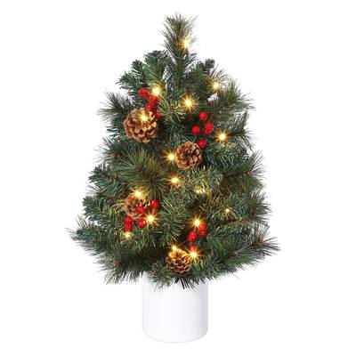 Garvee 2 FT Mini Pre-Lit Christmas Tree with Warm White Lights, Red Berries & Pine Cones, PVC Material, No Assembly, Cement B...