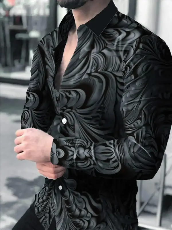 Men's All Over Print Button Front Shirt, Regular Fit Casual Fashion Long Sleeve Collared Top for Daily Outdoor Wear, Shirts f...