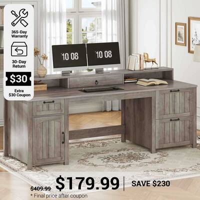 SEDETA 63 Inch Farmhouse Wood Computer Desk Executive Desk with Drawers Storage Cabinet Monitor Stand Grey Home Office Furnit...