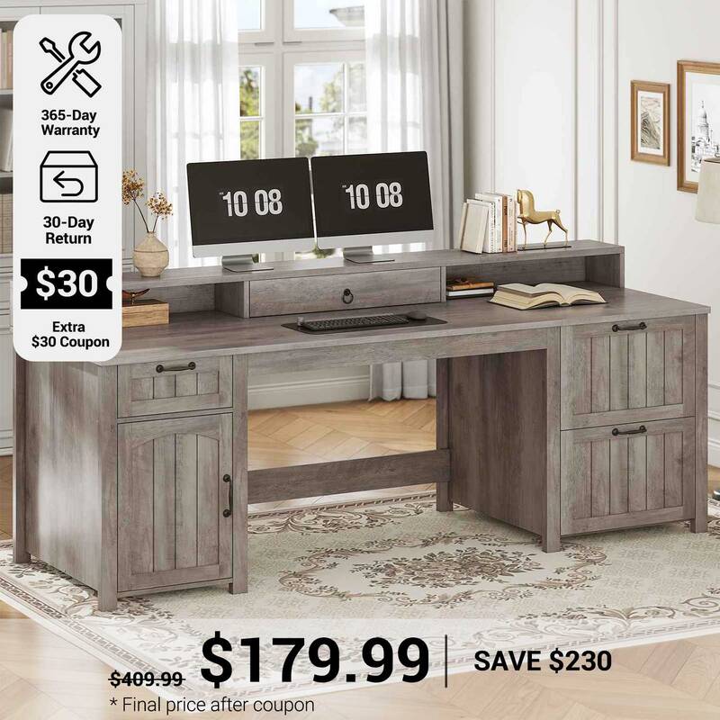 SEDETA 63 Inch Farmhouse Wood Computer Desk Executive Desk with Drawers Storage Cabinet Monitor Stand Grey Home Office Furnit...