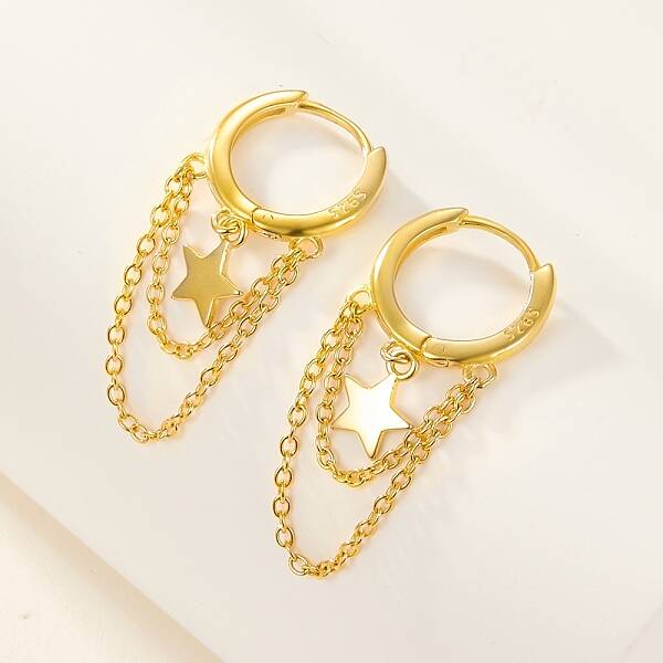 925 Sterling Silver Star & Chains Tassel Dangle Hoop Earrings for Women