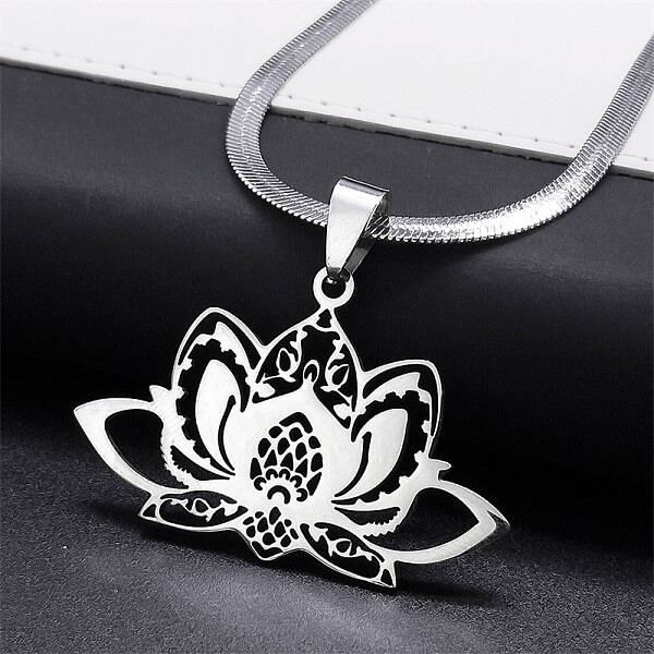 304 Stainless Steel Chakra Lotus Flower Hollow Pendant Necklaces