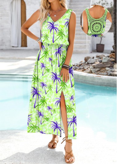 Modlily Light Green Embroidery Tropical Plants Print Sleeveless Dress - XL