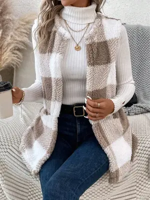 Women's Plaid Print Fuzzy Vest Coat without Sweater, Casual Pocket Open Front Outerwear for Spring & Fall, Fashion Women's Cl...
