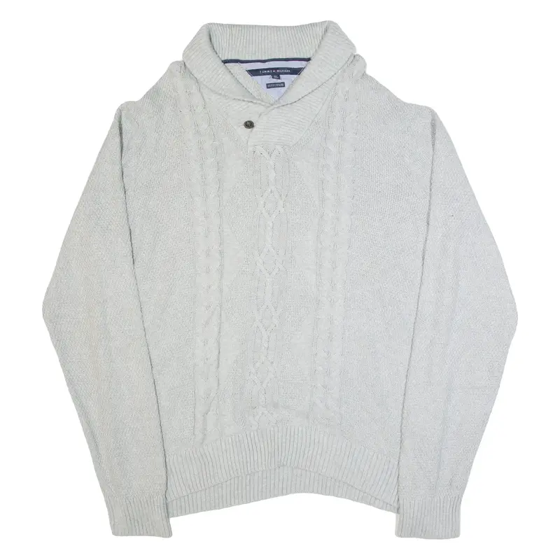 TOMMY HILFIGER Mens Jumper Grey Button Neck Tight Knit 2XL