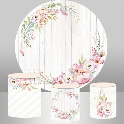 Aperturee Pink Floral With White Wood Round Birthday Backdrop | Round Backdrop Stand Covers | Birthday Round Backdrop Cover |...