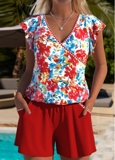 Modlily Floral Print Red One Piece Swimwear - L