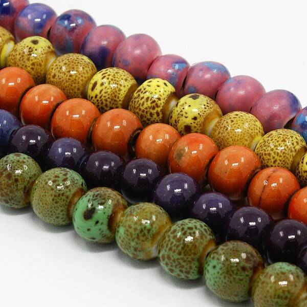 Handmade Fancy Antique Glazed Porcelain Ceramic Round Beads Strands
