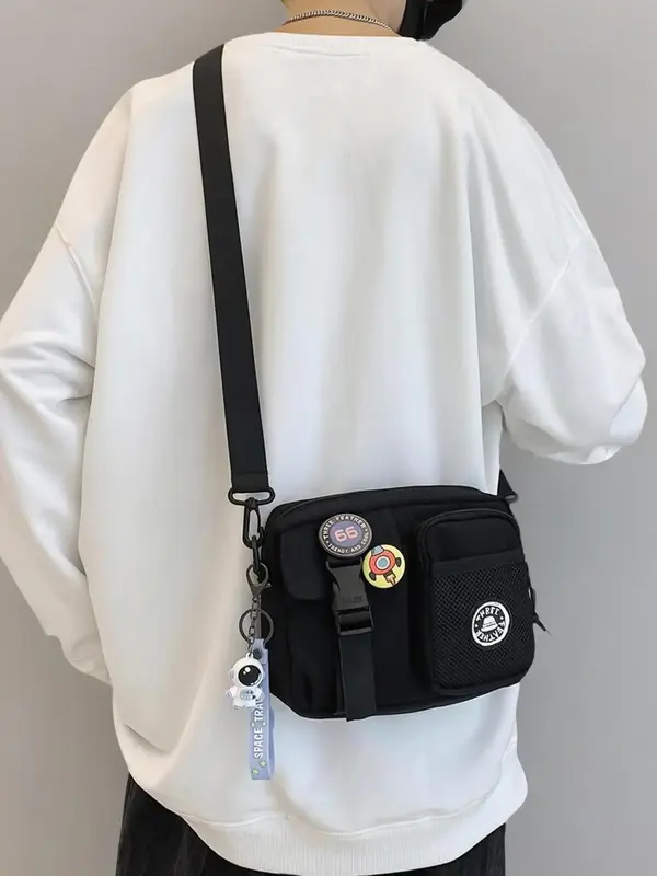 Simple Plain Zipper Crossbody Bag, Multifunctional Sling Bag, Shoulder Bag with Space Astronaut Medal Decoration & Keychain, ...
