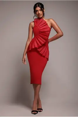 Goddiva One Shoulder Pleated Fan Midi Dress - Red