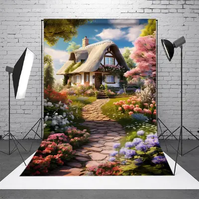 Stone Road Country House Cherry Tree Spring Backdrop - Aperturee