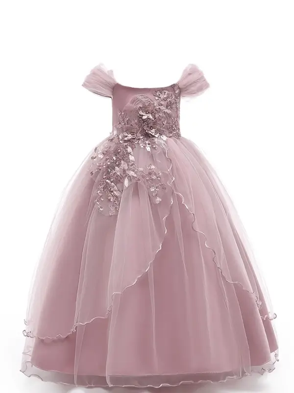 Girl's Appliques Beaded Off Shoulder Tiered Layer Satin Dress, Elegant Contrast Mesh Bow Decor Zipper Back Fit & Flare Dress ...