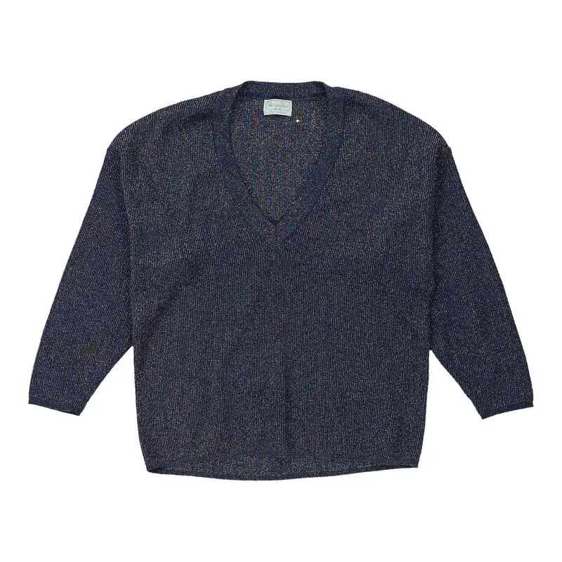 Benetton V-neck Jumper - Medium Blue Cotton | Size: medium
