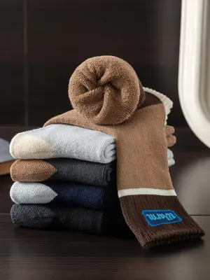 Men's 5 Pairs Colorblock Thermal Lined Letter Print Crew Socks, Casual Soft Comfy Warm Stretchy Socks for Fall Winter Daily W...