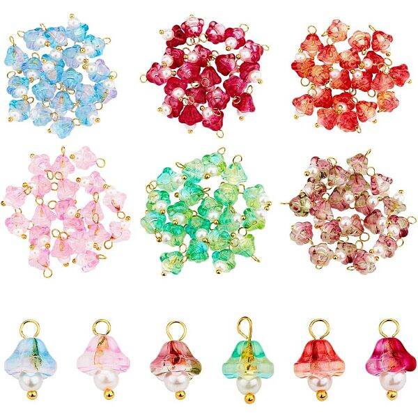 CHGCRAFT 120Pcs 6Colors Trumpet Flower Pendants Electroplate Glass Charms Glass Pearl Round Beads for Jewelry Making and DIY ...