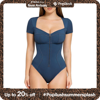 The Shapewear Bodysuit Denim V-Neck Short Sleeve Fashion Fabric Mesh