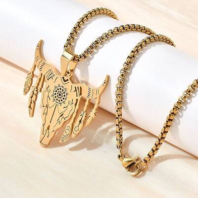Punk Style 304 Stainless Steel Laser Cut Cattle Head Pendant Box Chain Necklaces for Women Men