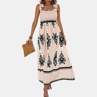 PrettyGarden Women's Summer Boho Maxi Dress Casual Sleeveless Square Neck Floral A Line Smocked Beach Dress with Pocket - Wom...