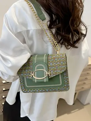 Elegant Colorblock Tweed Decorated Crossbody Bag, Fashionable Chain Strap Shoulder Bag, New Fashion All-match Square Underarm...