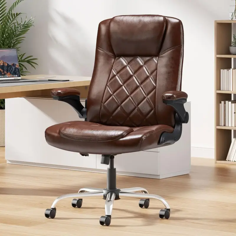 Executive Office Chair with Flip-Up Arms Adjustable Ergonomic Gaming Chair with PU Leather Swivel Computer Desk Chair with Wh...